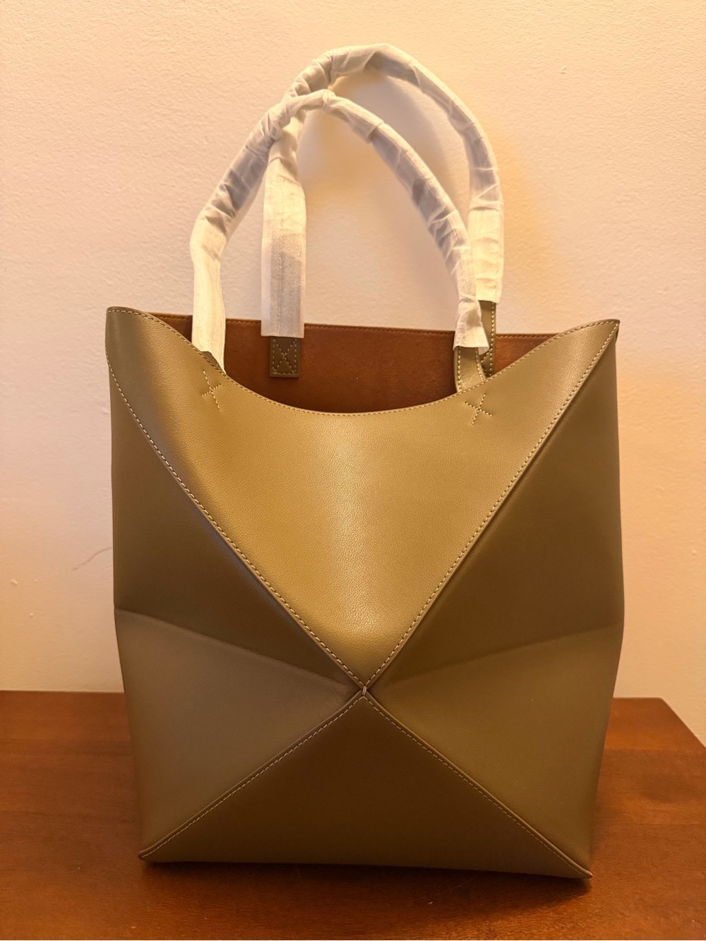 Olive Green Geometric Puzzle Style Tote Bag Leather
